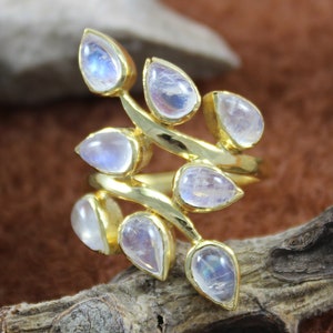 Natural Multiple Blue Flash Rainbow Moonstone 925 Sterling Silver Vine Ring, Leaf Branch June Birthstone Unique Statement Ring, Gift For Her
