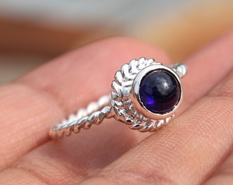 Natural Blue Sapphire, 925 Sterling Silver, Blue Sapphire Silver Ring, 5 MM Round Cabochon, Twist Band Ring, September Birthstone Ring