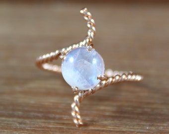 Natural Rainbow Moonstone - Gold Plated Ring - 925 Sterling Silver - 7 MM Round Cabochon - Twisted Band Ring - Handmade Gemstone - Rose Gold