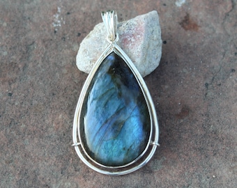 Handmade Pear Labradorite Pendant: 925 Sterling Silver, Blue Flash