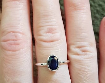 Natural Blue Sapphire Solitaire Ring, Bezel Set Silver Sapphire Ring, Gold Plated Blue Sapphire Statement Ring, Tiny Silver Blue Stone Ring