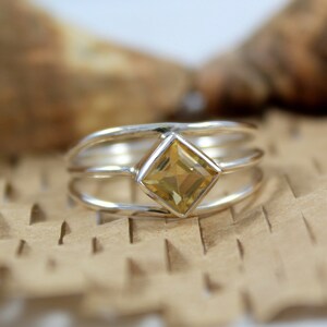 Natural Yellow Citrine - Handmade Silver Ring - Square Cut Gemstone - 925 Sterling Silver - Statement Ring - Three Band Ring - Birthstone