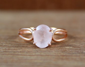 925 Sterling Silver, Natural Rose Quartz, Rose Gold Rose Quartz Ring, Gold Plated Jewelry, Handmade Gemstone Ring, 7X9 MM Oval Cut Prong Set