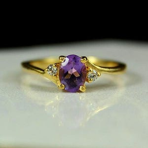 Oval Amethyst Ring ~ Minimalist ~ Solitaire ~ Natural Amethyst ~ Vintage Art Deco ~ Proposal ~ Round Zircon, 925 Silver, February Birthstone