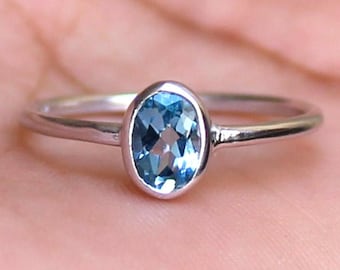 Natural Blue Topaz, 925 Sterling Silver, Bezel Solitaire Ring Minimalist Dainty Stacking December Birthstone, Simple Elegant Promise Gift