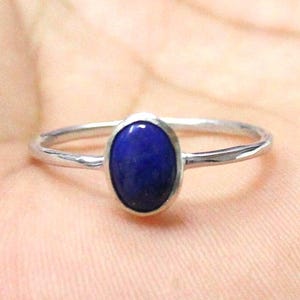 Natural Oval Deep Blue Sparkly Lapis Lazuli, 925 Sterling Silver, Bezel Solitaire Ring Minimalist Dainty Stackable, Simple Promise Gift Her