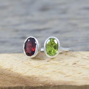 Natural Garnet Peridot Ring - 925 Sterling Silver Ring - 5 X 7 MM Oval Stone - Dual Stone Ring - Handmade Jewelry - US 3 to 13 - Birthstone