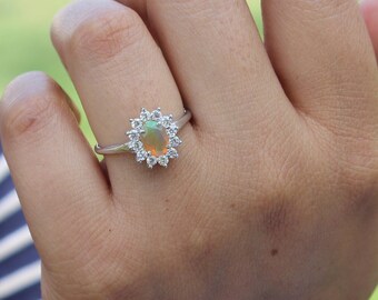 Natural Ethiopian Opal Ring In 925 Sterling Silver, Oval Fire Opal Halo Ring, October Birthstone Jewelry, Princess Diana Style Opal Gift