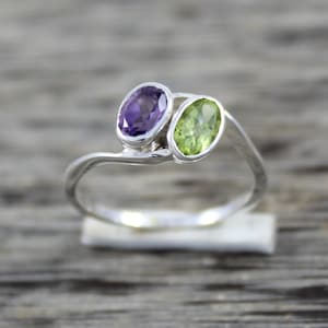 925 Sterling Silver Suffragette Ring, Natural Amethyst, Natural Peridot Ring, Dual Birthstone Ring, Two Stone Silver Ring, Toi Et Moi Ring