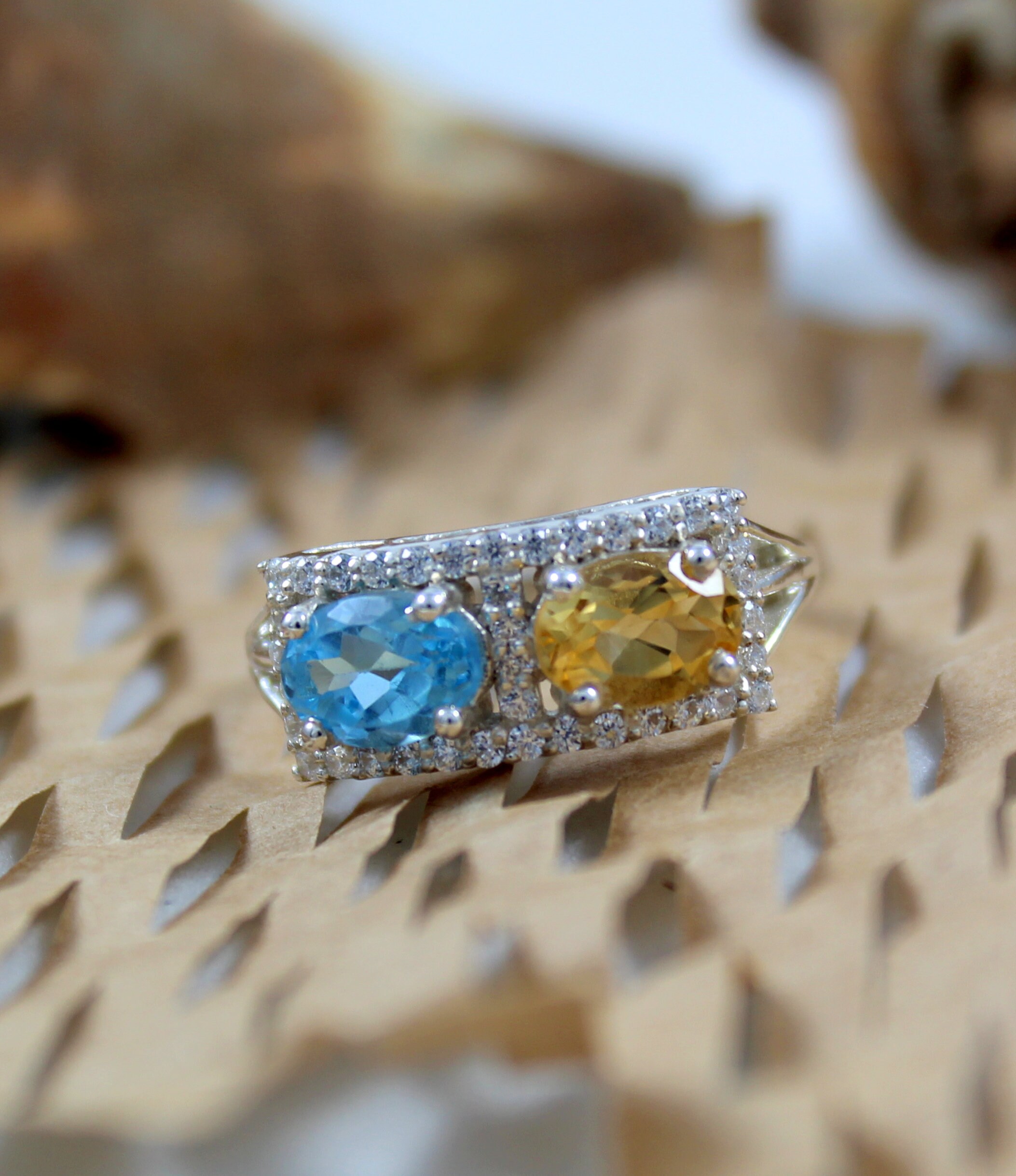 4.63 Carat Genuine Citrine and White Topaz .925 Sterling Silver Ring