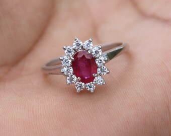 Oval Ruby Halo Engagement Ring, Cluster Promise Ring, Sterling Silver, Red Ruby, July Birthstone, Statement Ring, Anniversary Gift For Her