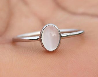 Natural White Moonstone, 925 Sterling Silver, Bezel Solitaire Ring Minimalist Dainty June Birthstone, Simple Elegant Boho Promise Gift Her