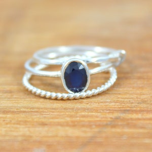 Natural Blue Sapphire Silver Stackable Ring, 925 Silver Set Of Three Ring, Handmade, Promise, Midi Ring, September Birthstone, Oval Sapphire