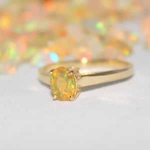 14K 18K Gold Ring, Ethiopian Rainbow Opal Ring, Prong Setting Oval Opal Ring, Opal Solitaire Ring Gold Engagement Ring, October Birthstone