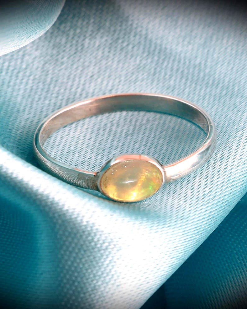 Natural Ethiopian Opal, 925 Sterling Silver Bezel Solitaire, Horizontal Minimalist Dainty Stacking, October Birthstone Elegant Promise Gift image 3
