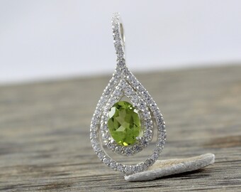 925 Sterling Silver Peridot Pendant, Double Halo Teardrop Necklace, Oval Green Peridot August Birthstone Jewelry, Sparkling Gift For Her