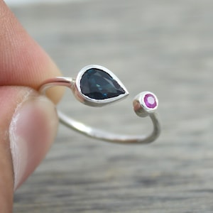 Pear Blue Sapphire Ruby Silver Ring, 925 Sterling Silver Ring, Natural Sapphire, Pink Ruby, Statement Ring,