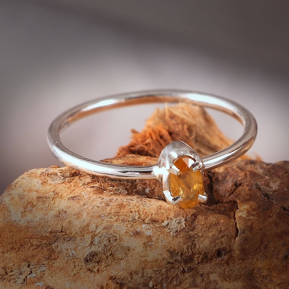 Delicate Natural Orange Sapphire Ring: Handmade 925 Sterling Silver  Statement Ring