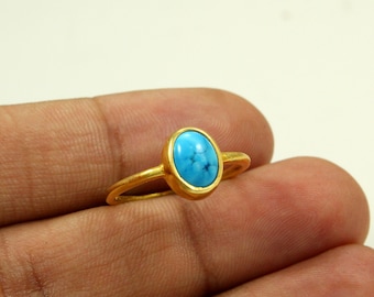 Oval Blue Copper Turquoise Ring, Gold Plated 925 Sterling Silver Solitaire Ring, Handmade Bohemian, December Birthstone, Healing Gemstone
