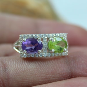 Natural Amethyst Peridot Ring - 925 Sterling Silver - Zircon Jewellery - Suffragette Ring - Dual Birthstone Ring - Dual Gemstone Jewelry
