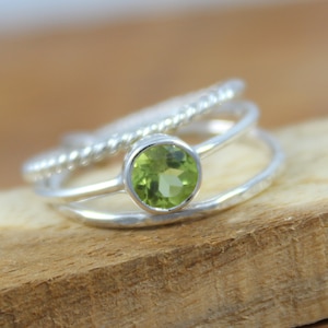 Natural Peridot Silver Stackable Ring, 925 Silver Set Of Three Ring, Handmade, Promise, Midi Ring, August Birthstone Ring, Round Stone Ring
