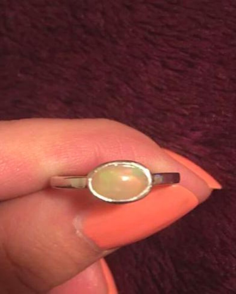 Natural Ethiopian Opal, 925 Sterling Silver Bezel Solitaire, Horizontal Minimalist Dainty Stacking, October Birthstone Elegant Promise Gift image 2