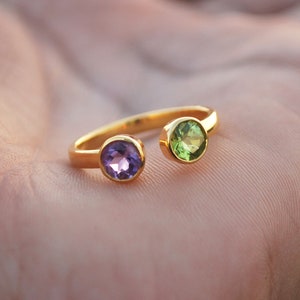 Natural Peridot & Amethyst Statement Ring, Silver Ring, Dual Birthstone Ring, Dainty Women Adjustable Ring, Two Stone Ring, Toi Et Moi Ring
