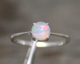 Natural Rainbow Fire Round Ethiopian Opal 925 Sterling Silver Prong Set, Minimalist Dainty Stacking October Birthstone Elegant Promise Gift