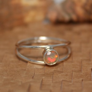 Natural Ethiopian Opal Silver Ring - 925 Sterling Silver - Handmade - 5 MM Welo Fire Opal Round Cut - October Birthstone - Dainty Women Ring