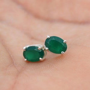 Green Onyx Stud Earring, 925 Sterling Silver, Handmade, Dainty Women Stud, Silver Stud Earring, Green Stone Stud, Gift Item Onyx Silver Stud