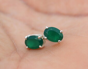 Boucles d'oreilles en argent sterling 925 avec onyx vert naturel, taille ovale, clous en onyx vert émeraude, véritables pierres précieuses, bijoux minimalistes, cadeau pour elle