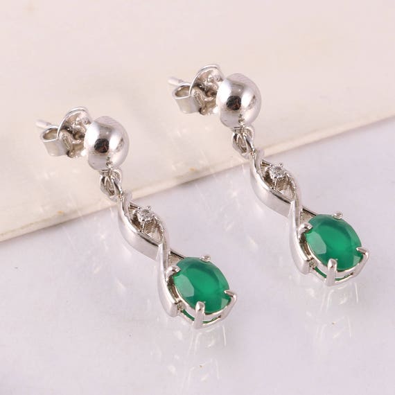 Orecchini Pendenti In Argento 925 Con Onice Verde – Stile Arti E Mestieri – Pietre Naturali Cabochon Quadrate/Rotonde - 2