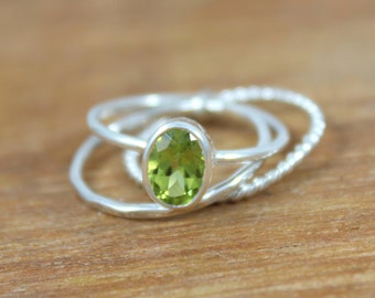 Natural Peridot Ring, August Birthstone Ring, Silver Peridot Ring, 3 Rings Set, Stackable Ring Set, Peridot Ring Set, Gemstone Stacking ring