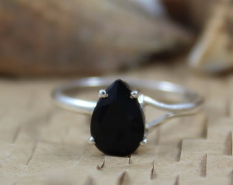 Natural Black Onyx - 925 Sterling Silver - 7 X 10 Pear Cut Shape - Handmade Silver Jewelry - Black Onyx Silver Ring - Birthstone Silver Ring