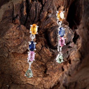 Natural Multi Sapphire Earrings, Push Back Sterling Silver Earrings, Dainty Bridal/Wedding Jewelry, Multicolor September Birthstone Earring