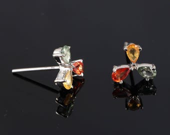 Natural Multi Sapphire Earring ~ Orange Yellow Green Sapphire ~ 925 Sterling Silver ~ Silver Sapphire Earring ~ Gift For Her ~ Gift For Wife