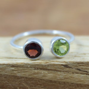 925 Sterling Silver - Natural Garnet Peridot Ring - 5 MM Round Cut - Dual Birth Stone Ring - Handmade Jewelry - US 3 to 13 -  Gift For Her