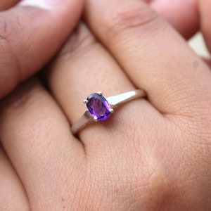 Prong Set - 925 Solid Sterling Silver - 100% Natural Purple Amethyst - Jewelry Handmade - Promise Ring - Birthstone Ring - Size US 3 to 13