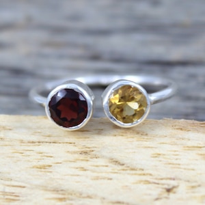 925 Sterling Silver Ring, Natural Citrine & Garnet Ring, Dual Birthstone Ring, Dainty Women Ring, Two Stone Ring, Toi Et Moi Ring Adjustable