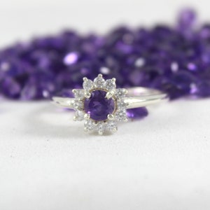 Natural Purple Amethyst - 925 Solid Sterling Silver - Amethyst Zircon Silver Ring - 5 MM Round Cut - Size US 3 to 13 - Handmade Jewelry