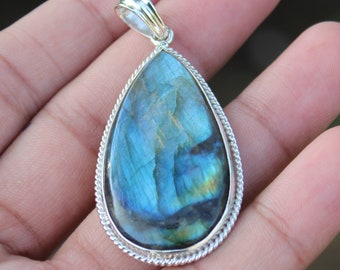 Natural Labradorite Pear Shape Pendant, 925 Sterling Silver, Handmade Blue Flash Labradorite Necklace Statement Pendant, Boho Jewelry Gift