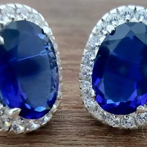 Blue Sapphire Stud Earrings, Cubic Zircon Stud Earring, Sterling Silver Oval Cut Solitaire Stud Earrings, Princess Diana Style Stud Earrings