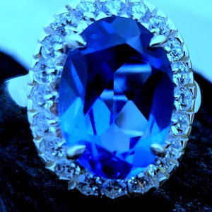 Synthetic Tanzanite Ring-925 Sterling Silver-Prong Setting-10X14MM Cluster Ring-C.Z.-Ring Jewelry-Promise Ring-Birthstone Ring-US Size 3-13