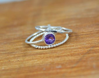 925 Sterling Silver Amethyst Triple Band Ring, 5mm Round Natural Amethyst Stacked Ring, February Birthstone, Three Layer Statement Ring Gift
