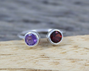 925 Sterling Silver Ring - Natural Garnet Amethyst - 5 MM Round Cut - Dual Birth Stone Ring - Handmade Jewelry - US 3 to 13 -  Gift For Her