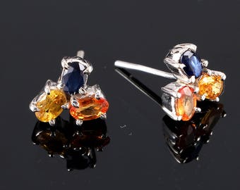 Mini Multi Sapphire Stud Earrings, Sapphire Three Stone Cluster Stud Earrings, Sterling Silver, Promise Women Gift, September Birthstone