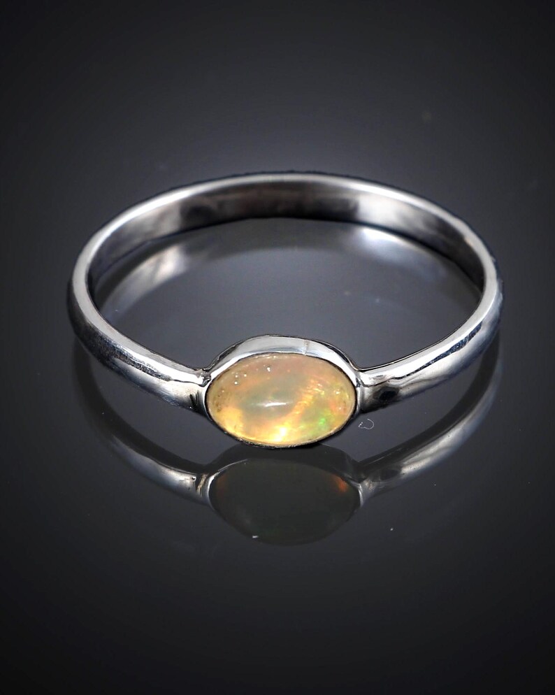 Natural Ethiopian Opal, 925 Sterling Silver Bezel Solitaire, Horizontal Minimalist Dainty Stacking, October Birthstone Elegant Promise Gift image 1