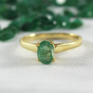 Solid Gold Emerald Solitaire Ring: Natural Zambian Emerald, May Birthstone