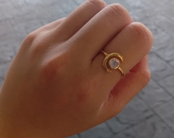 Natural Rainbow Moonstone Gold Plated Ring, 925 Sterling Silver, Silver Half Moon Ring, Blue Flash Ring, Adjustable Ring, June Birthstone