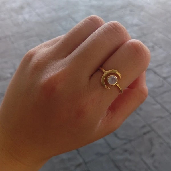 Rainbow Moonstone Ring, Gold Plated Ring, Sterling Silver Half Moon, Handmade Tiny Celestial Ring, Round Moonstone Ring Crescent Moon Ring